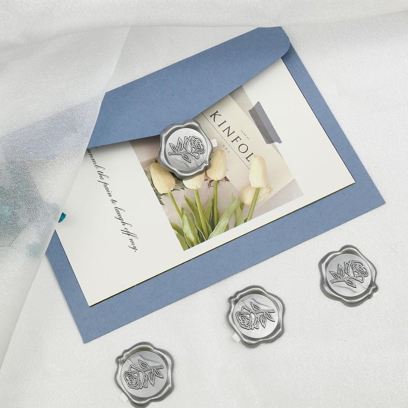 Pilloze 50 Pcs Silvery Wax Seal Stickers - Rose Style, Self Adhesive Wax Seal for Wedding Invitation, Easy Use Good Adhesion, Silvery Rose Envelope Stickers Perfect for Invitation or Seating Chart - Image 5